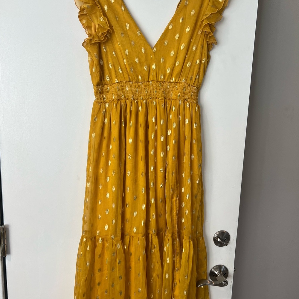 Lulu's Mustard Yellow Maxi Dress with Gold Foil Dot